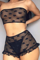 Black Heart Print Sheer Mesh Bandeau & Shorts 2 Pc Bedroom Set Areous
